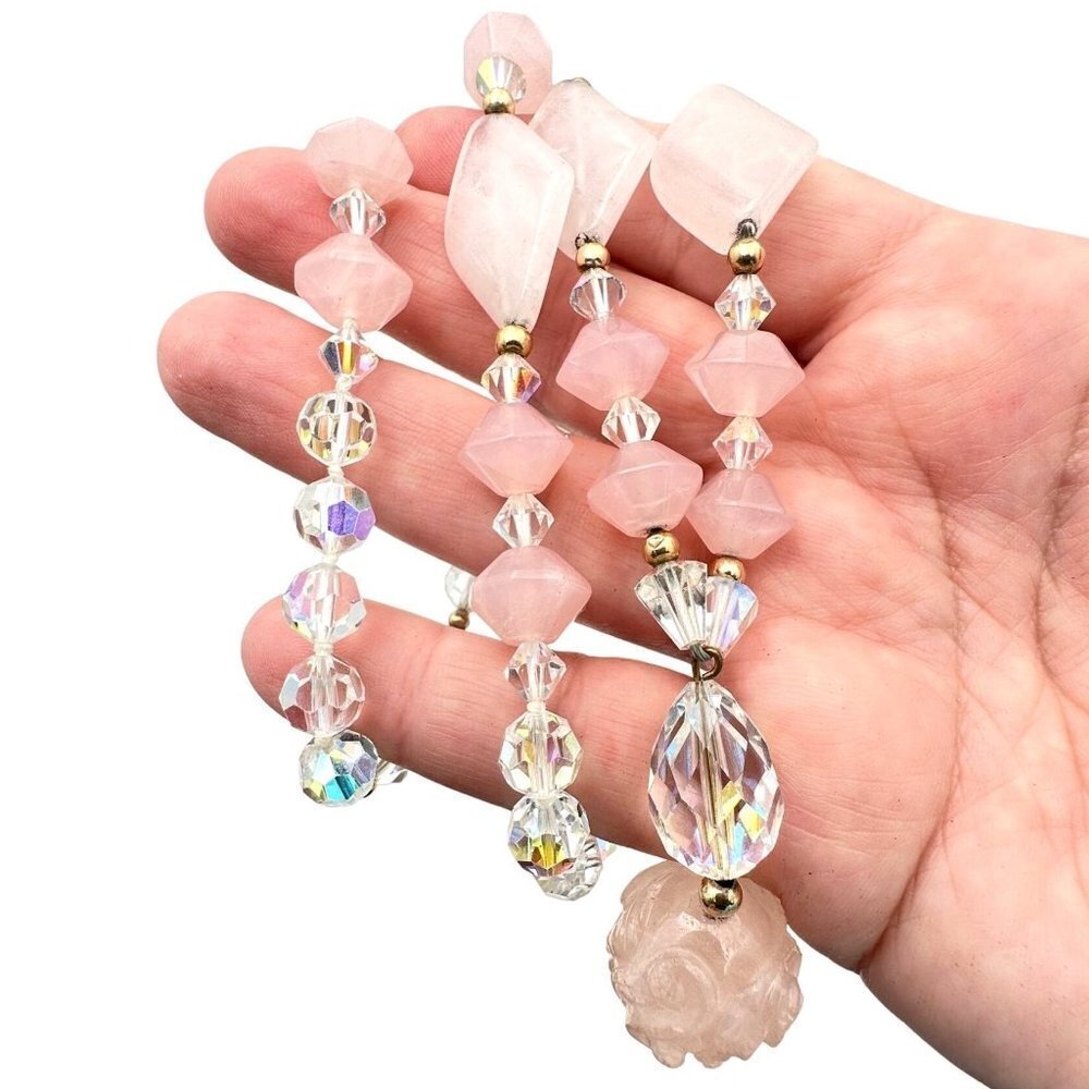 Womens Necklace 14k Gold Pink Carved Rose Quartz and Crystal 32 Inch